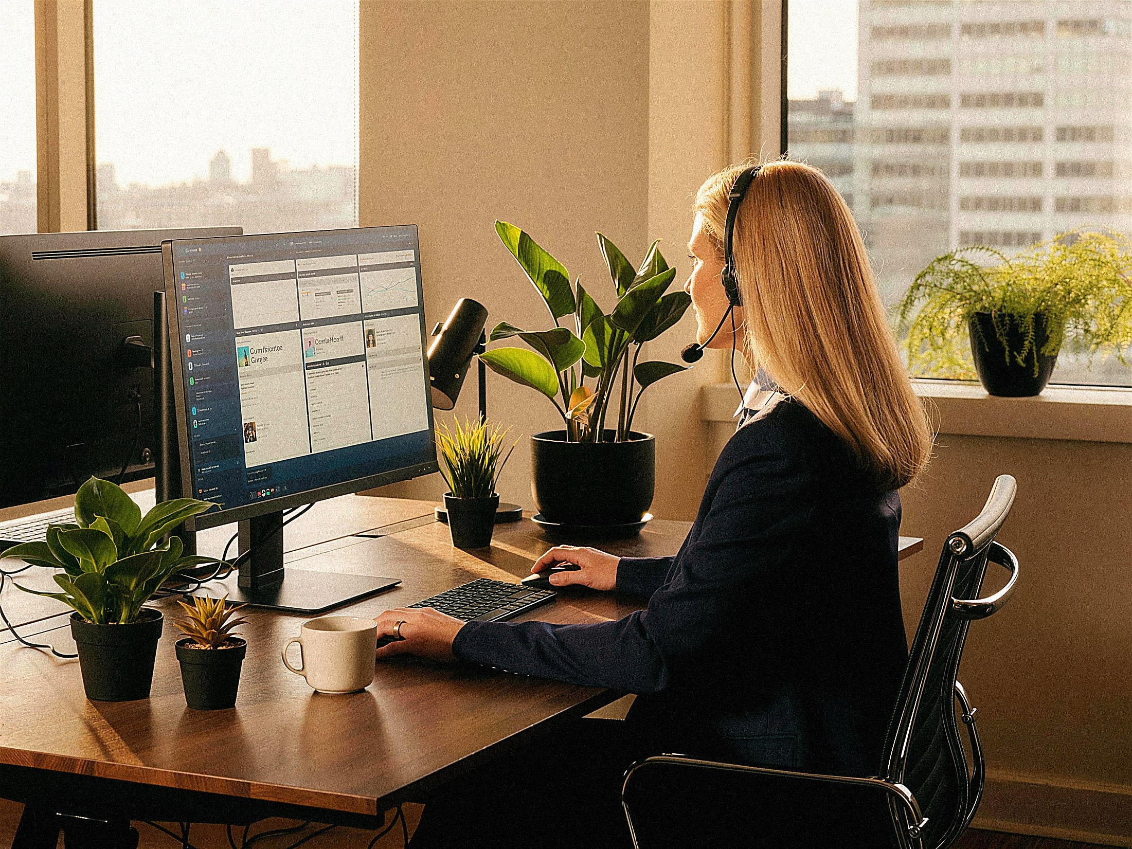 Operator typing with a headset on, CRM contact record on the monitor, photographed over the shoulder