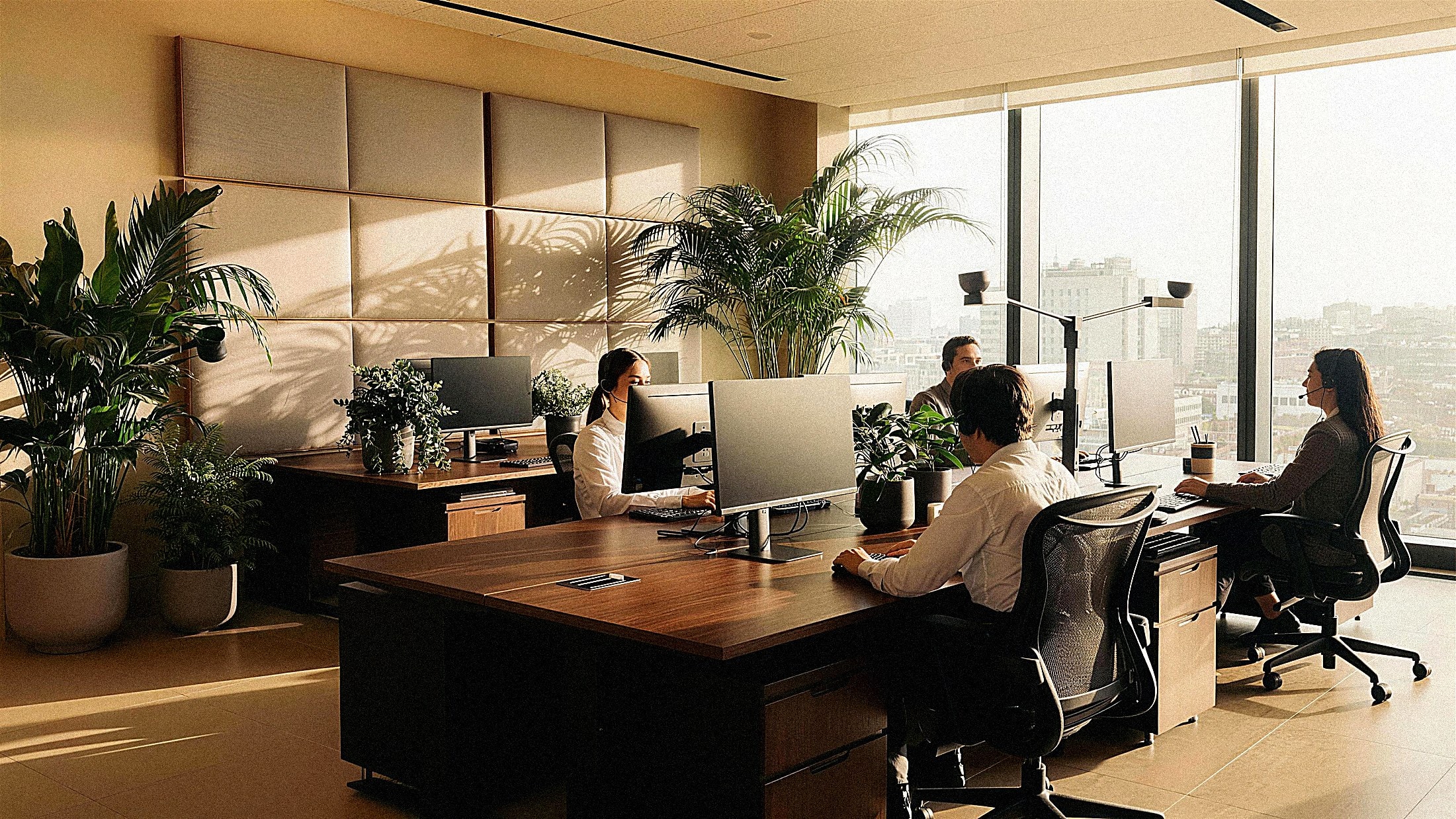The Assistiq operations floor: operators with headsets working at desks in warm afternoon light