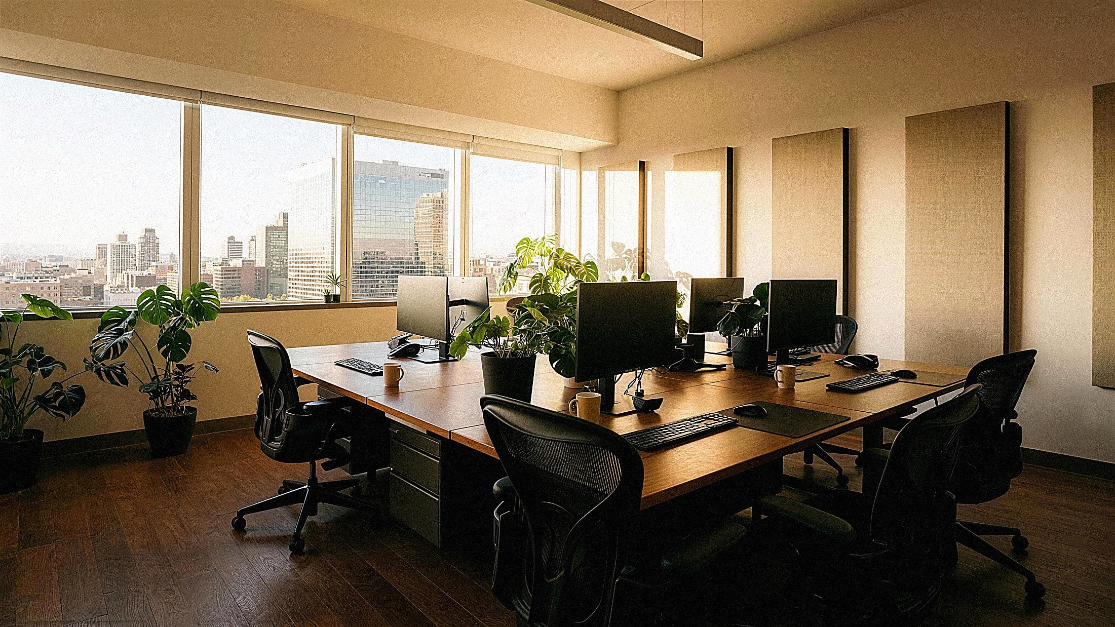 The empty operations floor in morning light: walnut desks, monitors, headsets at each station, plants